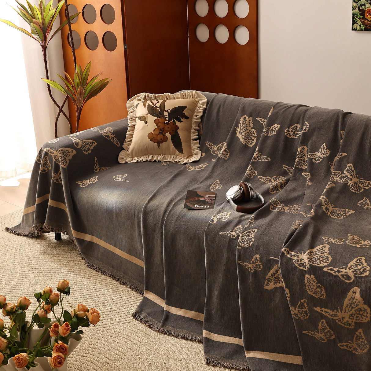 Butterfly Jacquard Soft Couch Blankets Cover for Couch Reversible Modern Sofa Slipcover Throw Covers