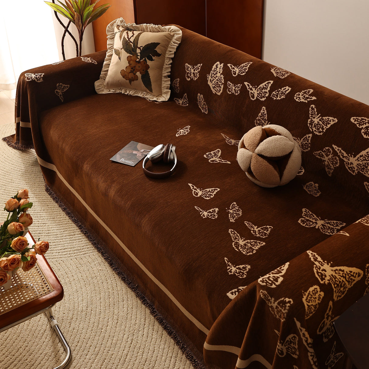 Butterfly Jacquard Soft Couch Blankets Cover for Couch Reversible Modern Sofa Slipcover Throw Covers