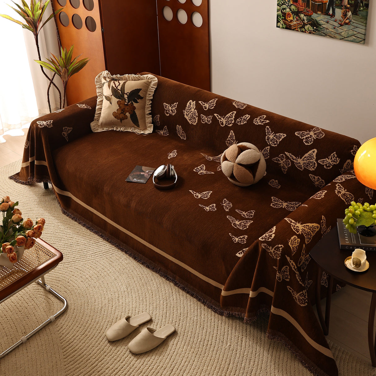 Butterfly Jacquard Soft Couch Blankets Cover for Couch Reversible Modern Sofa Slipcover Throw Covers