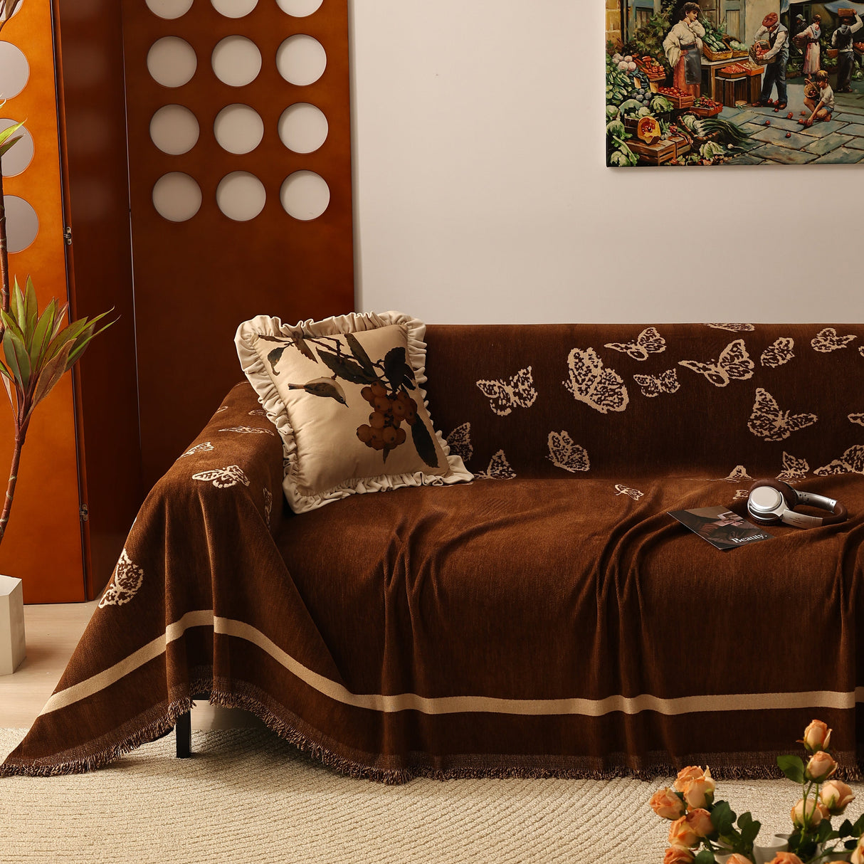 Butterfly Jacquard Soft Couch Blankets Cover for Couch Reversible Modern Sofa Slipcover Throw Covers