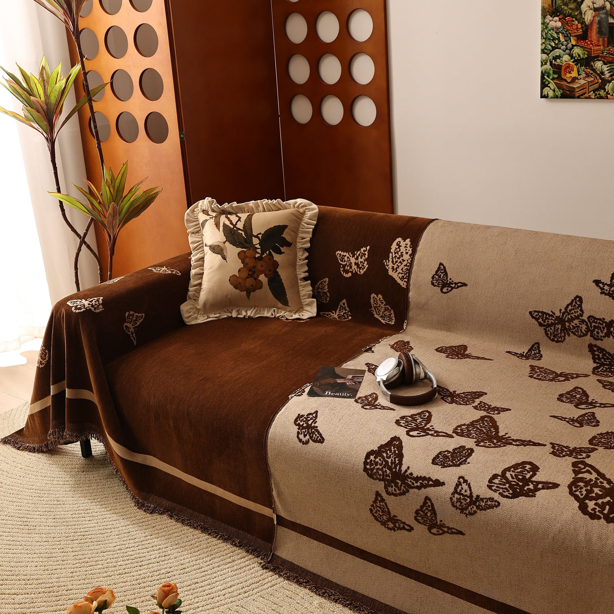 Butterfly Jacquard Soft Couch Blankets Cover for Couch Reversible Modern Sofa Slipcover Throw Covers