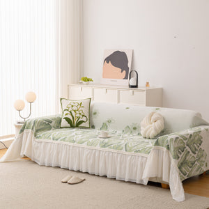 Botanical Sofa Cover with Chiffon Skirt, Floral Couch Throw Blanket for All-Season