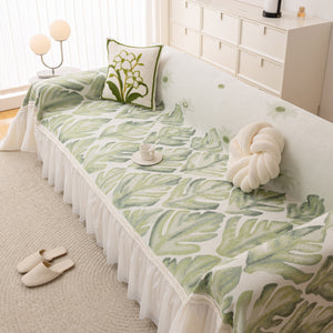 Botanical Sofa Cover with Chiffon Skirt, Floral Couch Throw Blanket for All-Season