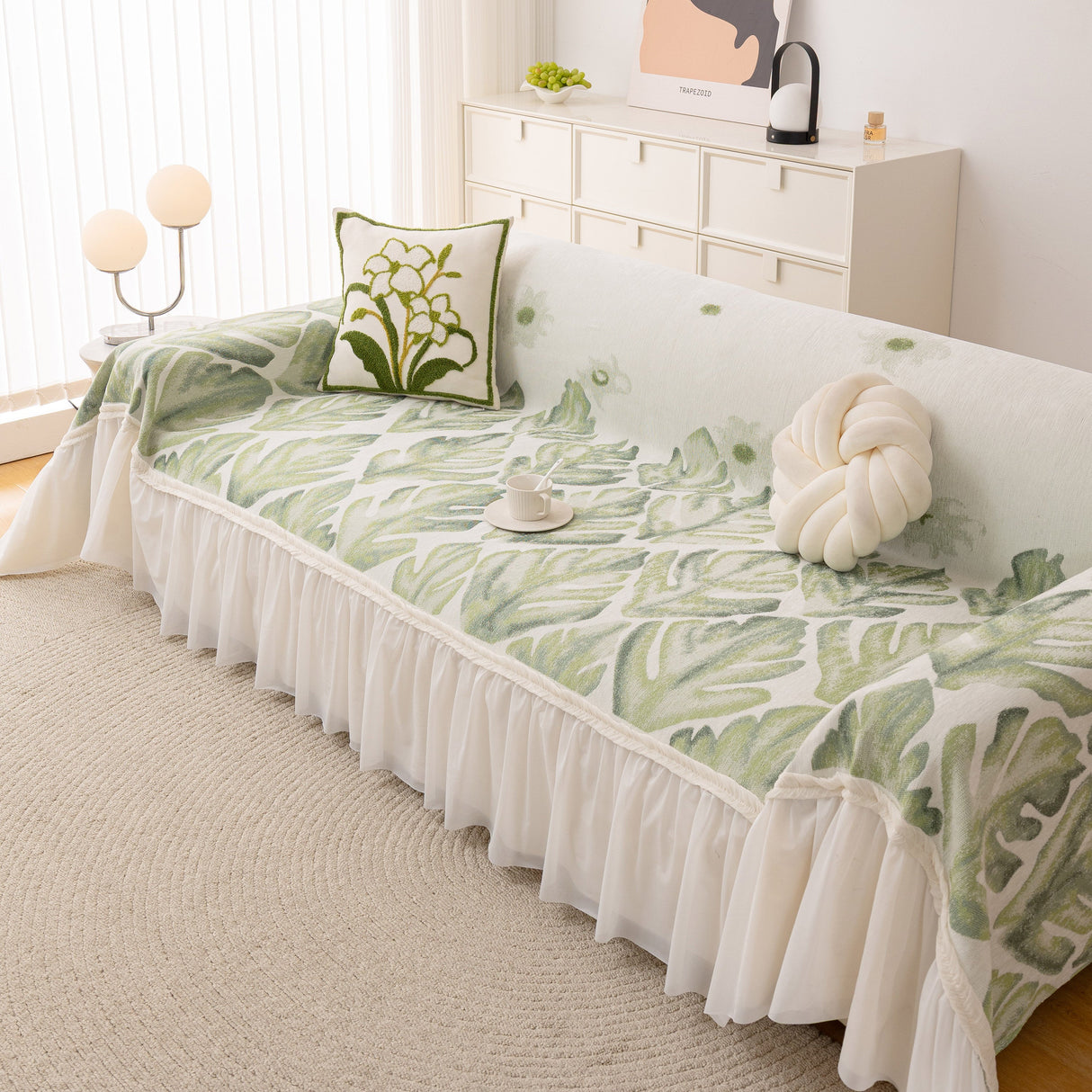 Botanical Sofa Cover with Chiffon Skirt, Floral Couch Throw Blanket for All-Season