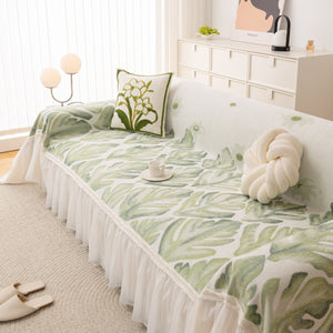 Botanical Sofa Cover with Chiffon Skirt, Floral Couch Throw Blanket for All-Season
