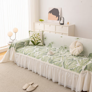 Botanical Sofa Cover with Chiffon Skirt, Floral Couch Throw Blanket for All-Season