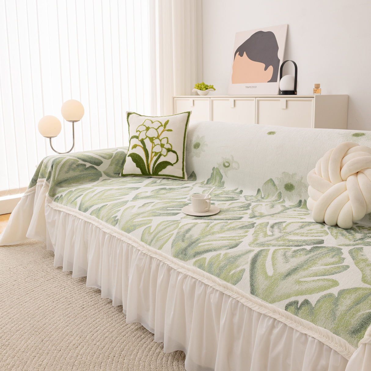 Botanical Sofa Cover with Chiffon Skirt, Floral Couch Throw Blanket for All-Season