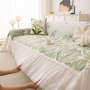 Botanical Sofa Cover with Chiffon Skirt, Floral Couch Throw Blanket for All-Season