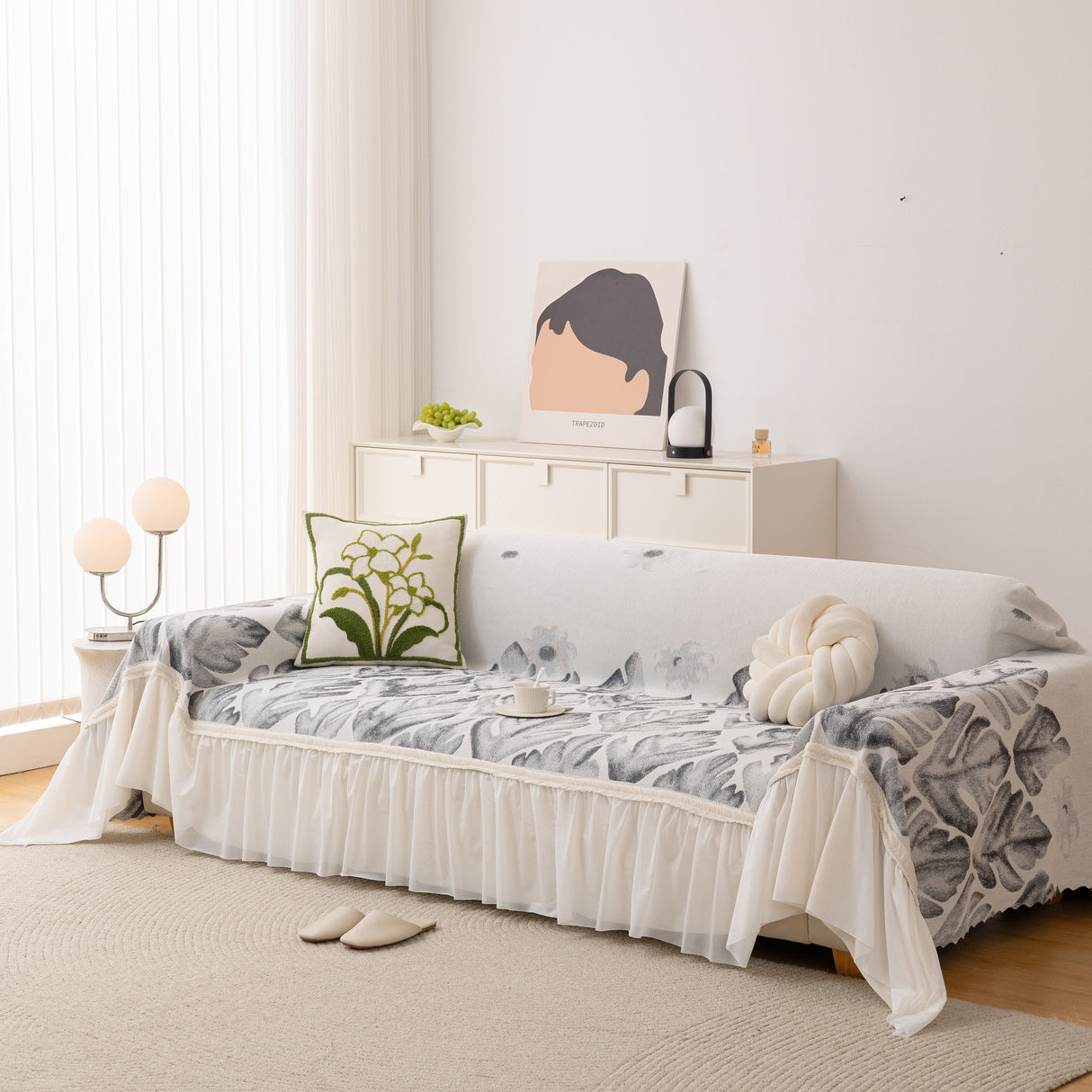 Botanical Sofa Cover with Chiffon Skirt, Floral Couch Throw Blanket for All-Season