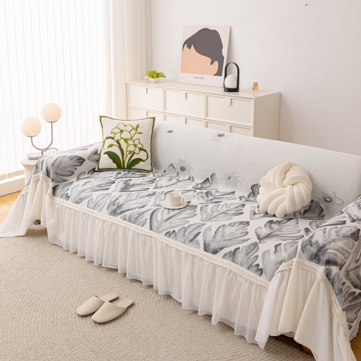 Botanical Sofa Cover with Chiffon Skirt, Floral Couch Throw Blanket for All-Season