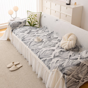 Botanical Sofa Cover with Chiffon Skirt, Floral Couch Throw Blanket for All-Season
