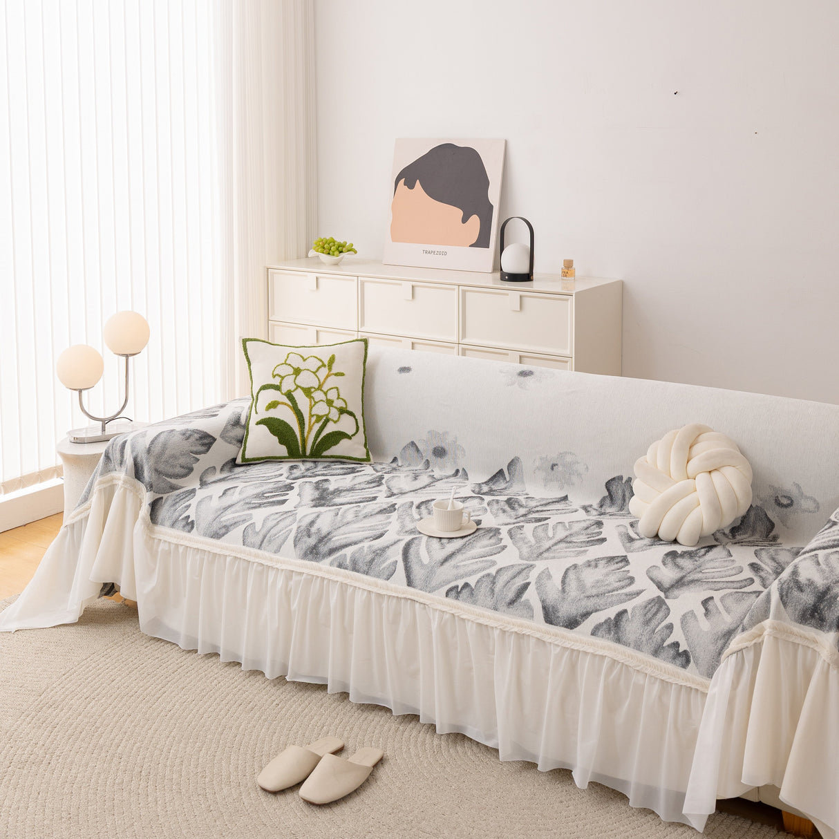 Botanical Sofa Cover with Chiffon Skirt, Floral Couch Throw Blanket for All-Season