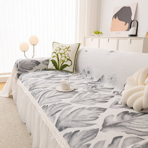 Botanical Sofa Cover with Chiffon Skirt, Floral Couch Throw Blanket for All-Season