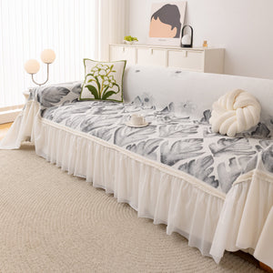 Botanical Sofa Cover with Chiffon Skirt, Floral Couch Throw Blanket for All-Season