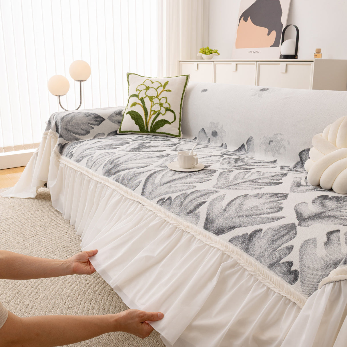 Botanical Sofa Cover with Chiffon Skirt, Floral Couch Throw Blanket for All-Season