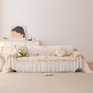 Botanical Sofa Cover with Chiffon Skirt, Floral Couch Throw Blanket for All-Season