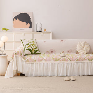 Botanical Sofa Cover with Chiffon Skirt, Floral Couch Throw Blanket for All-Season