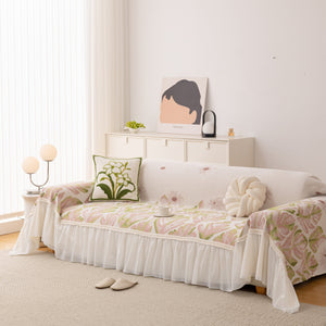Botanical Sofa Cover with Chiffon Skirt, Floral Couch Throw Blanket for All-Season