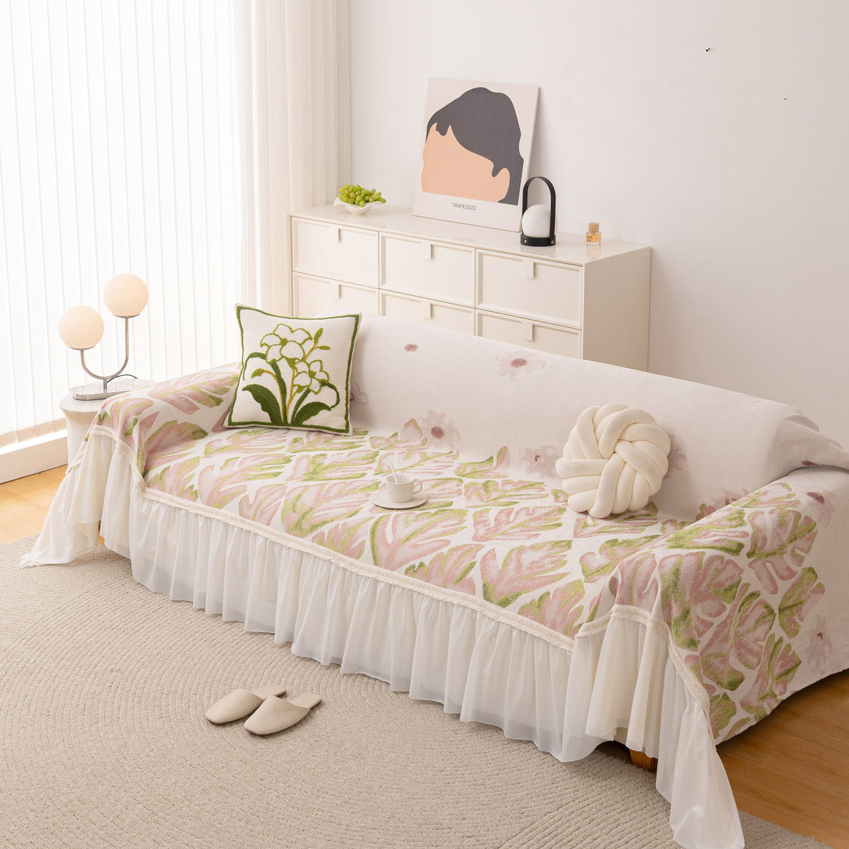 Botanical Sofa Cover with Chiffon Skirt, Floral Couch Throw Blanket for All-Season