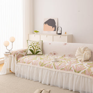 Botanical Sofa Cover with Chiffon Skirt, Floral Couch Throw Blanket for All-Season