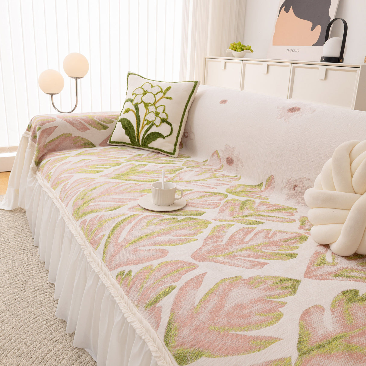 Botanical Sofa Cover with Chiffon Skirt, Floral Couch Throw Blanket for All-Season