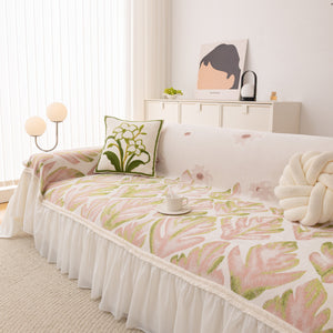 Botanical Sofa Cover with Chiffon Skirt, Floral Couch Throw Blanket for All-Season