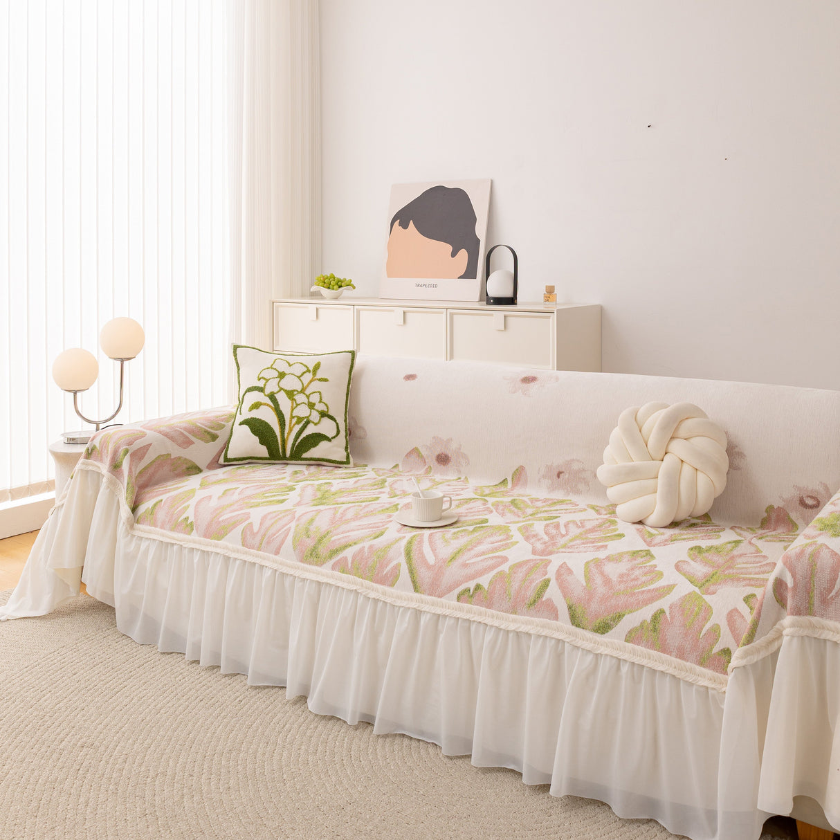 Botanical Sofa Cover with Chiffon Skirt, Floral Couch Throw Blanket for All-Season