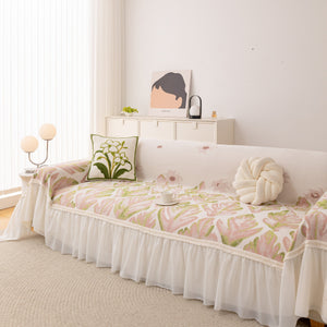 Botanical Sofa Cover with Chiffon Skirt, Floral Couch Throw Blanket for All-Season