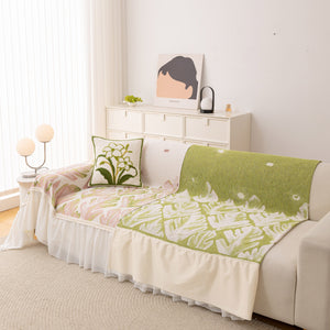 Botanical Sofa Cover with Chiffon Skirt, Floral Couch Throw Blanket for All-Season
