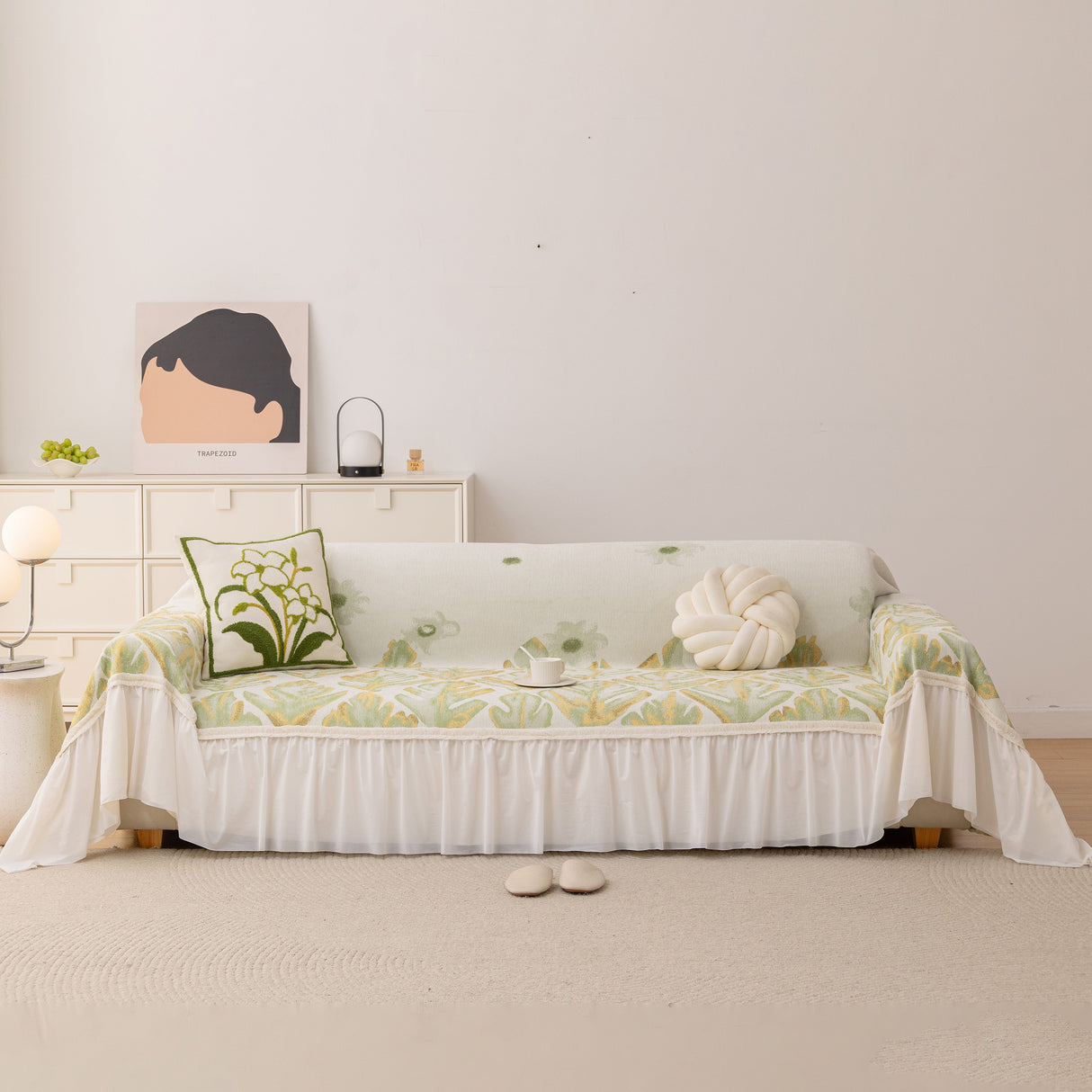 Botanical Sofa Cover with Chiffon Skirt, Floral Couch Throw Blanket for All-Season