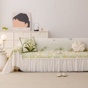 Botanical Sofa Cover with Chiffon Skirt, Floral Couch Throw Blanket for All-Season