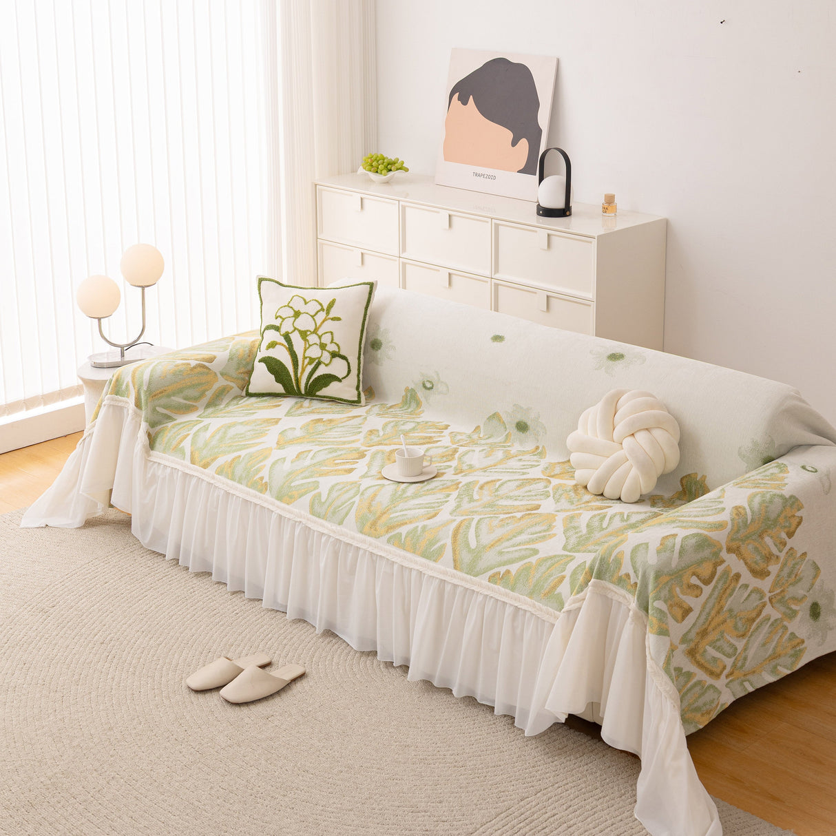 Botanical Sofa Cover with Chiffon Skirt, Floral Couch Throw Blanket for All-Season