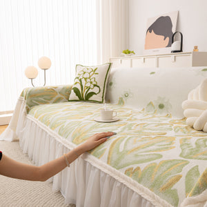 Botanical Sofa Cover with Chiffon Skirt, Floral Couch Throw Blanket for All-Season