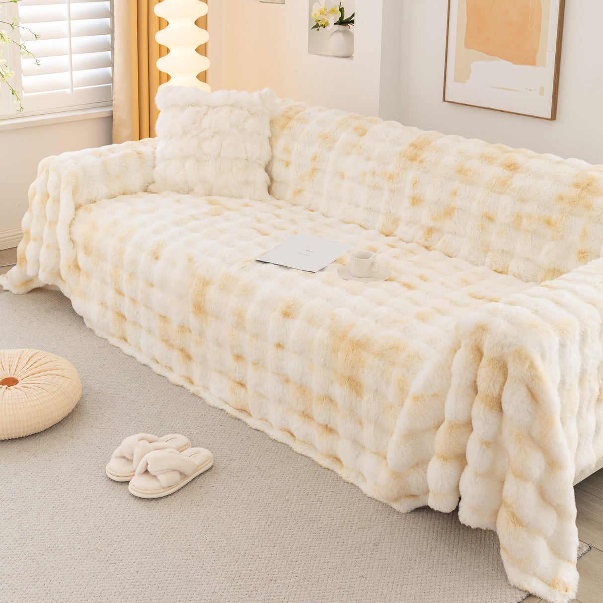 Thick Faux Fur Couch Cover Fluffy Fuzzy Warm Washable Furniture Protector for Kids Pets