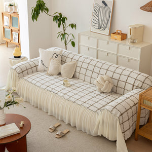 Grid Sofa Cover with Ruffle Skirt – Soft, Decorative, Full-Cover Couch Protector