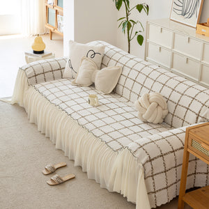 Grid Sofa Cover with Ruffle Skirt – Soft, Decorative, Full-Cover Couch Protector
