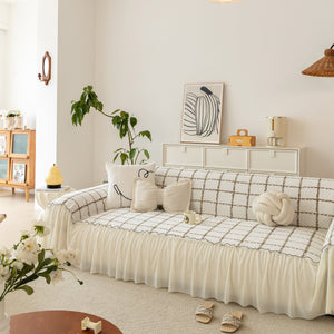 Grid Sofa Cover with Ruffle Skirt – Soft, Decorative, Full-Cover Couch Protector
