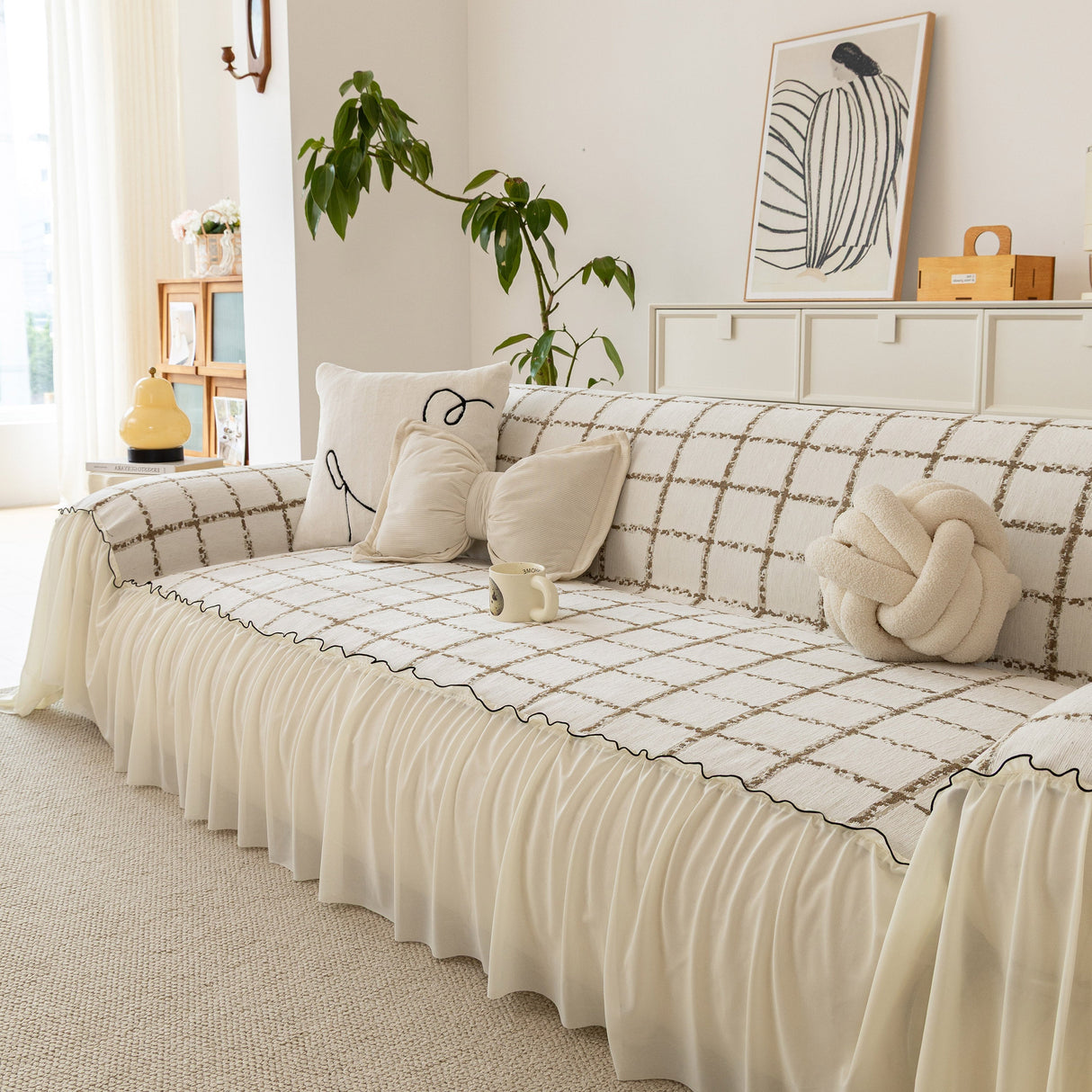 Grid Sofa Cover with Ruffle Skirt – Soft, Decorative, Full-Cover Couch Protector