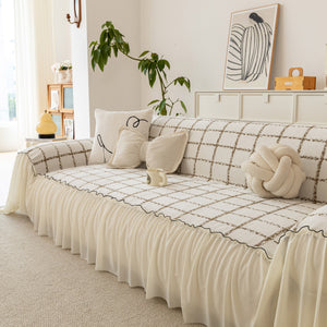 Grid Sofa Cover with Ruffle Skirt – Soft, Decorative, Full-Cover Couch Protector