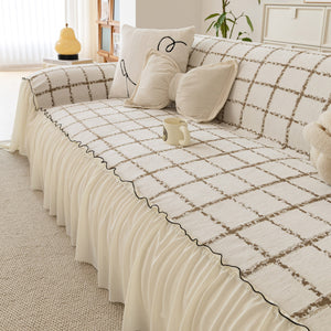 Grid Sofa Cover with Ruffle Skirt – Soft, Decorative, Full-Cover Couch Protector