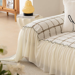 Grid Sofa Cover with Ruffle Skirt – Soft, Decorative, Full-Cover Couch Protector