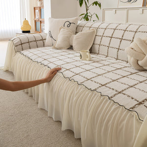 Grid Sofa Cover with Ruffle Skirt – Soft, Decorative, Full-Cover Couch Protector