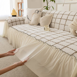 Grid Sofa Cover with Ruffle Skirt – Soft, Decorative, Full-Cover Couch Protector
