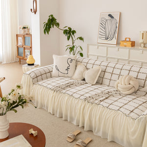 Grid Sofa Cover with Ruffle Skirt – Soft, Decorative, Full-Cover Couch Protector