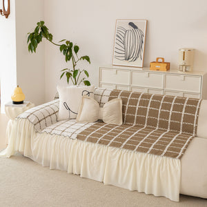 Grid Sofa Cover with Ruffle Skirt – Soft, Decorative, Full-Cover Couch Protector