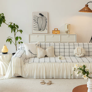 Grid Sofa Cover with Ruffle Skirt – Soft, Decorative, Full-Cover Couch Protector