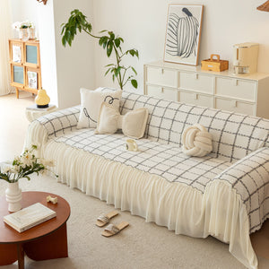 Grid Sofa Cover with Ruffle Skirt – Soft, Decorative, Full-Cover Couch Protector