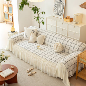 Grid Sofa Cover with Ruffle Skirt – Soft, Decorative, Full-Cover Couch Protector