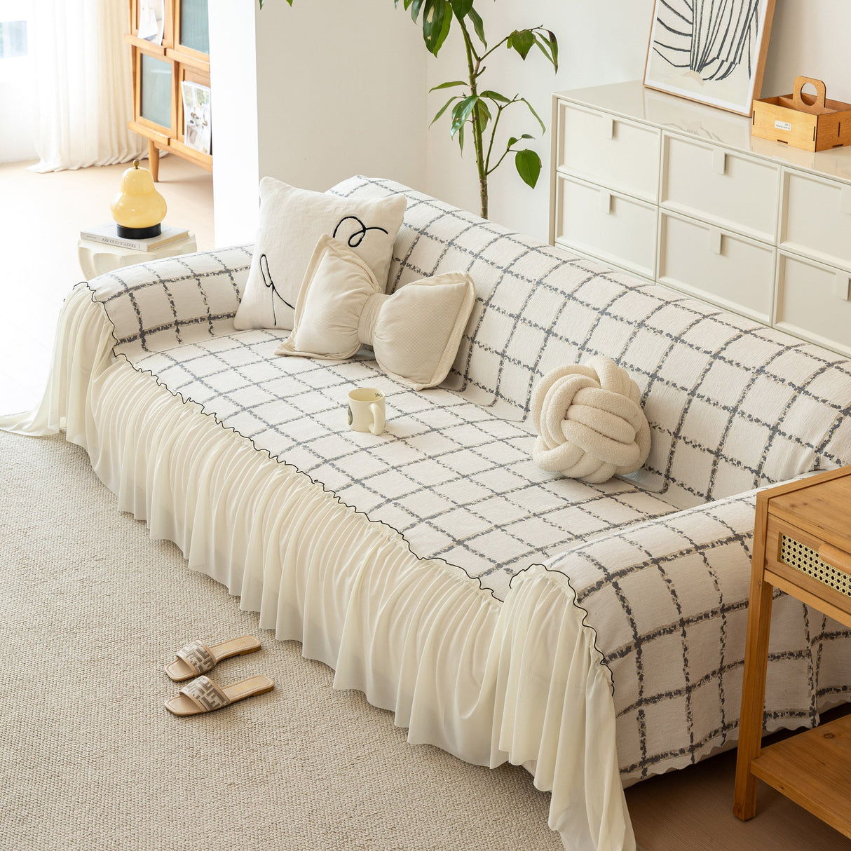 Grid Sofa Cover with Ruffle Skirt – Soft, Decorative, Full-Cover Couch Protector