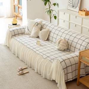 Grid Sofa Cover with Ruffle Skirt – Soft, Decorative, Full-Cover Couch Protector